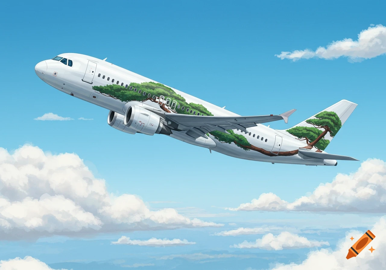 An aesthetic white airplane with green trees painted as livery on its fuselage and tail flies through a blue sky with white clouds.