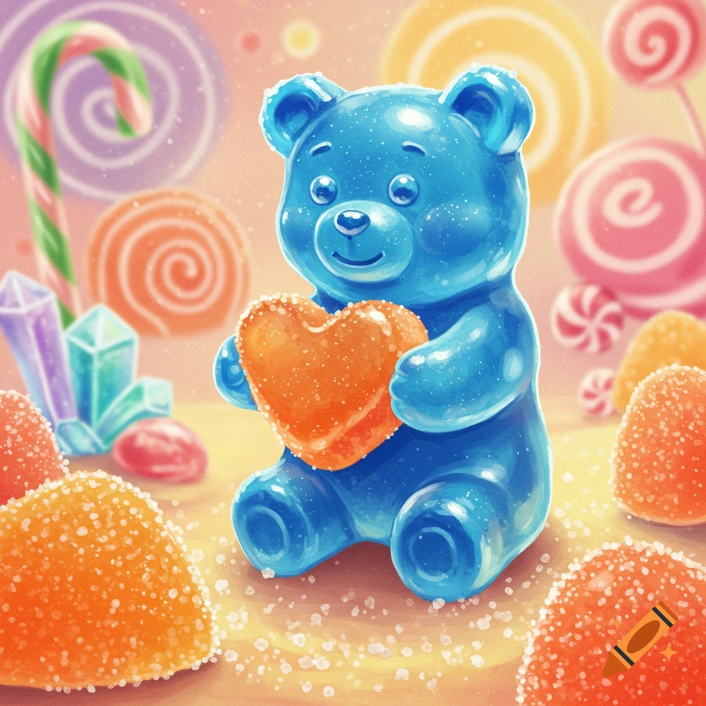 A cute blue gummy bear holding an orange gummy heart, surrounded by colorful candies.