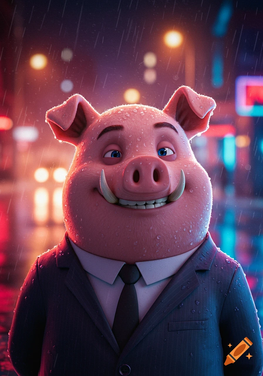 A photorealistic cartoon pig wearing a suit and tie stands in the rain in a city at night. It smiles, and water droplets cover its pink skin.