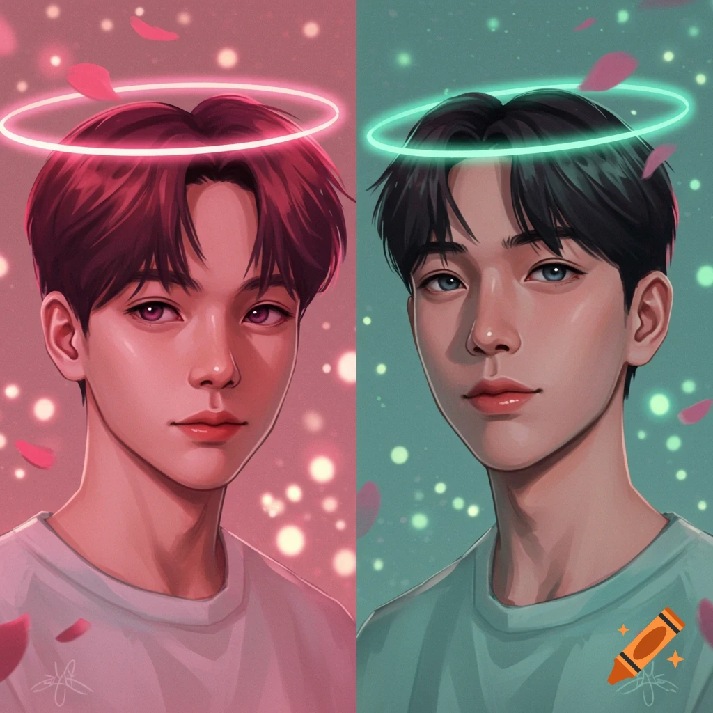 Two stylized digital art portraits of young men with halos, one with red hair and a pink halo on a pink background, the other with black hair and a green halo on a green background.