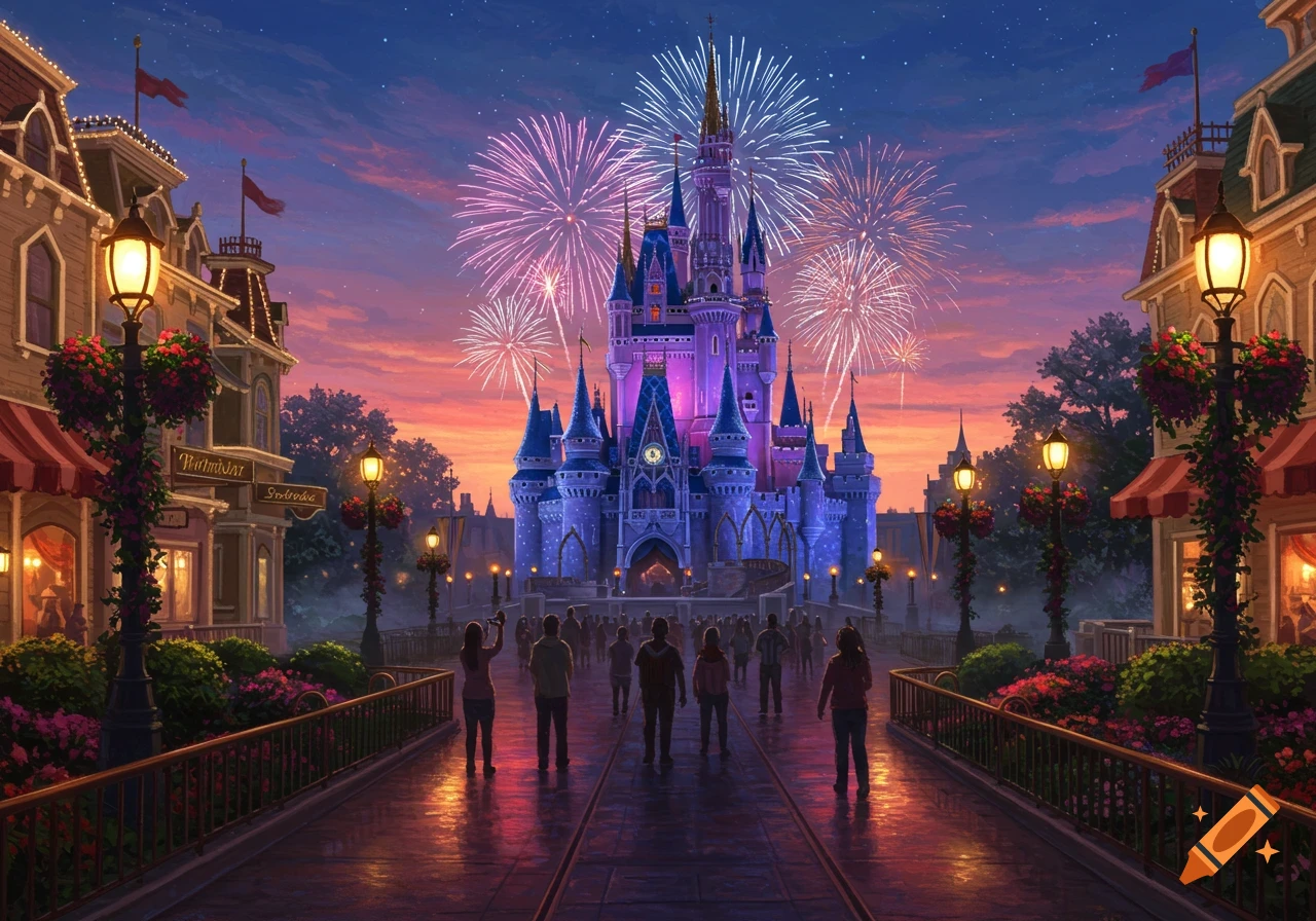 A vibrant, illuminated fantasy castle under a sky filled with fireworks at sunset, with people on a street lined with lamp posts.