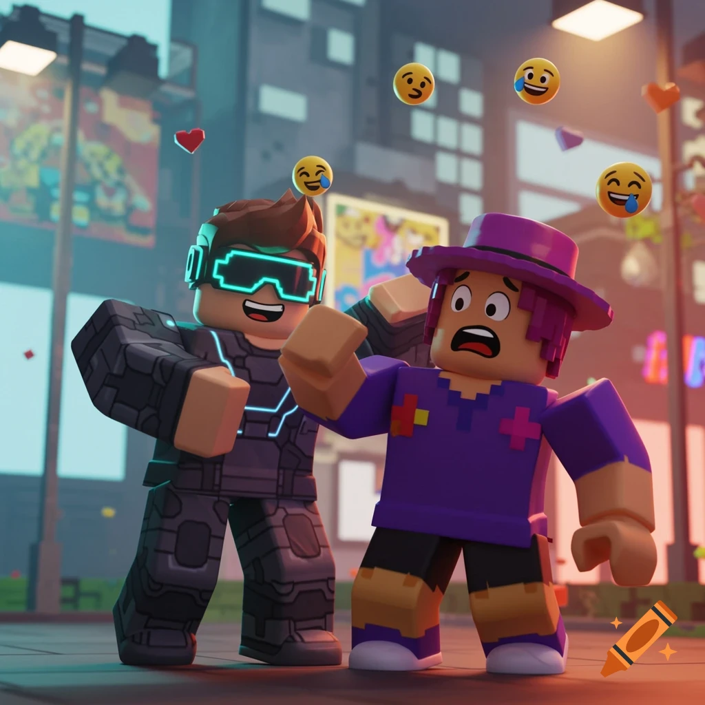 Two Roblox characters on a city street, one in a futuristic suit and the other in a purple outfit, with floating emojis and hearts.