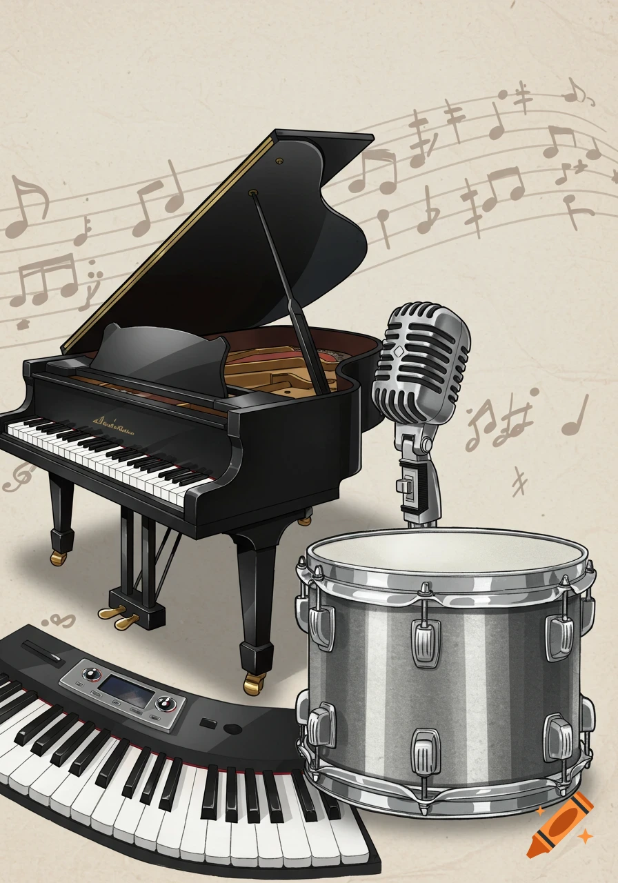 A black grand piano, vintage silver microphone, snare drum, and electronic keyboard on a light background with musical notes, in a clipart style.