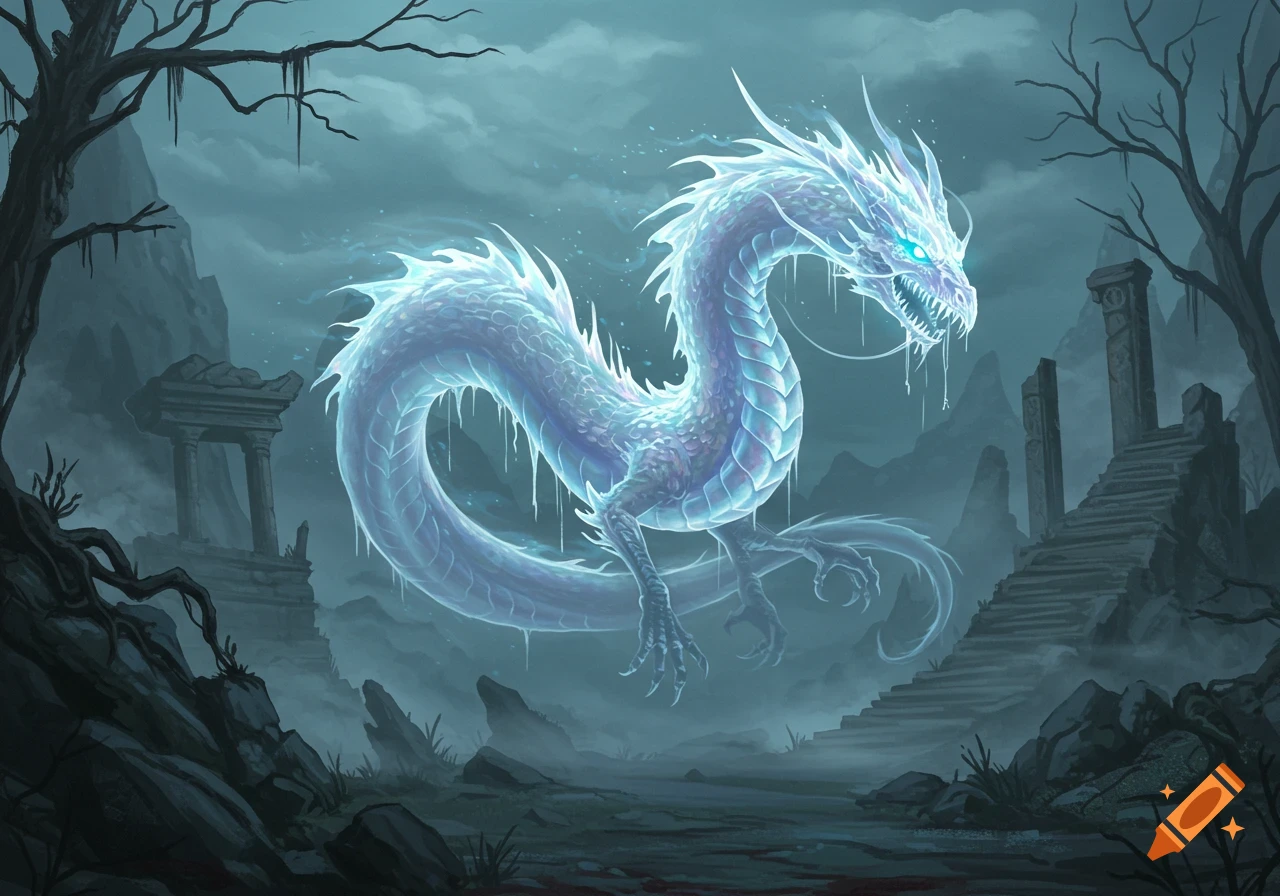 A glowing ice dragon hovers among misty ruins and gnarled trees in a fantasy landscape.