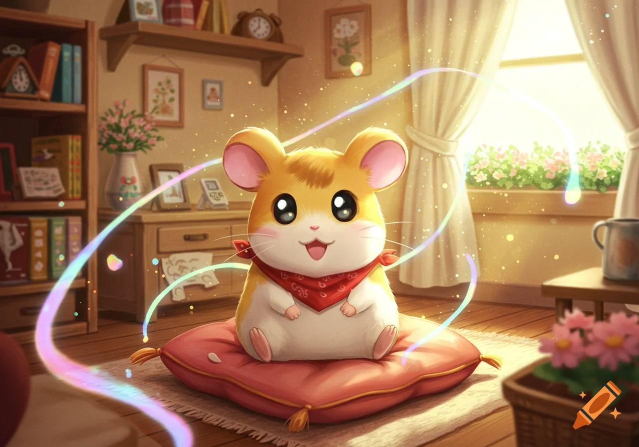 A cute, cartoonish golden hamster with a red bandana sits on a pink cushion in a sunlit, cozy room with sparkles.