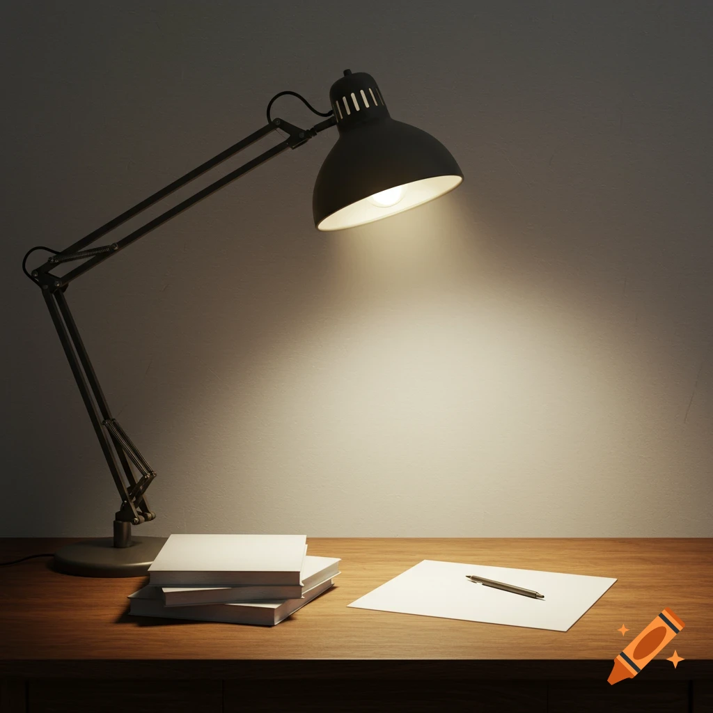 A photorealistic image of a desk lamp illuminating a wooden desk with a stack of books and a pen on a piece of paper.
