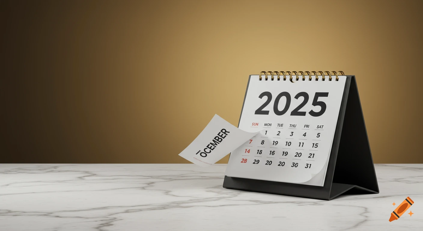 A realistic desk calendar with a gold spiral binding showing the year 2025, with a page partially flipped showing "OCEMBER" on a white marble table against a gold and brown gradient background.