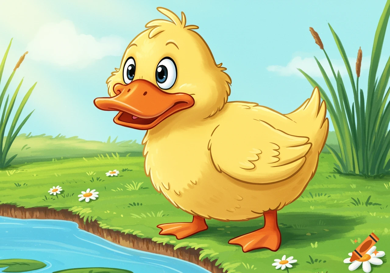 A cute yellow cartoon duck stands by a stream in a green field with flowers and tall grass under a blue sky.