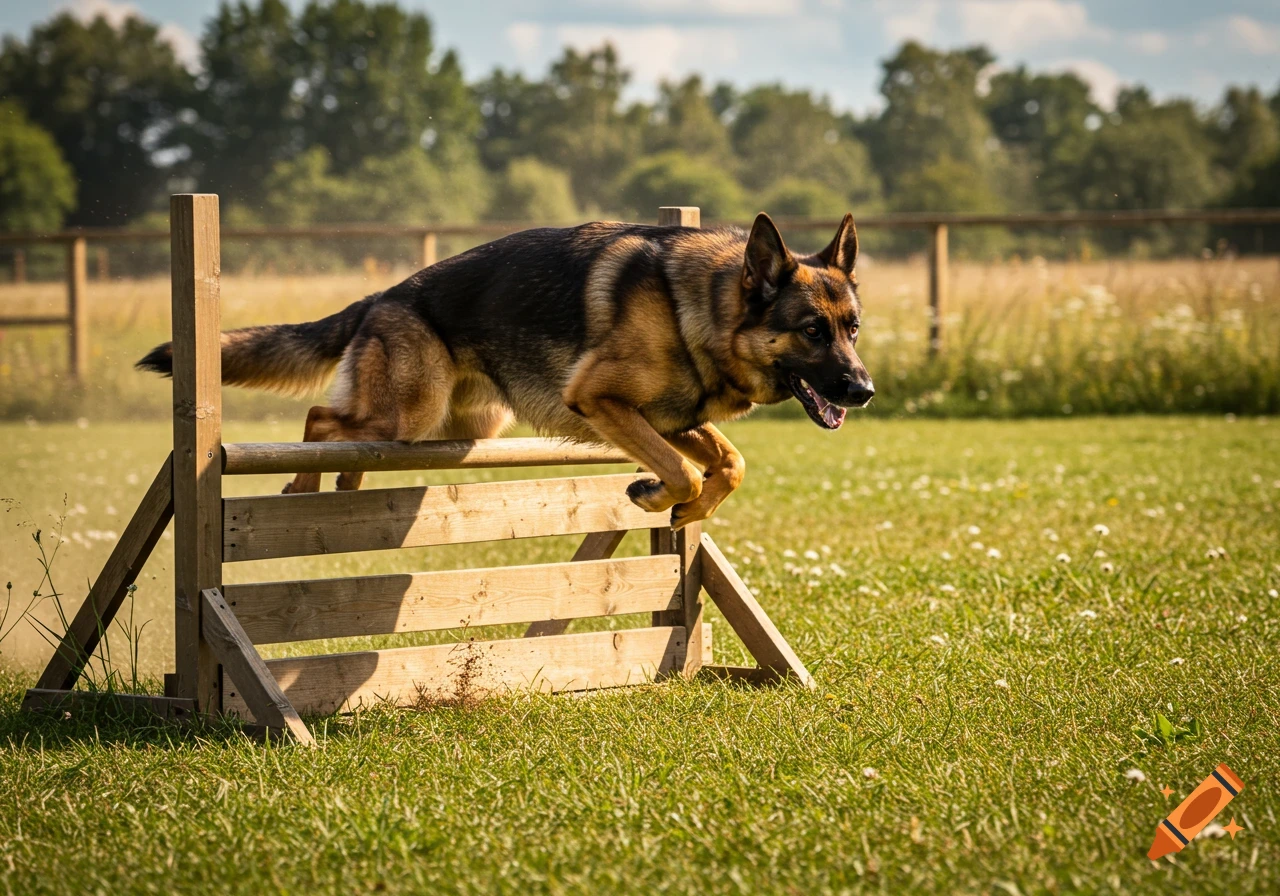 A German Shepherd dog leaps over a wooden hurdle in a grassy field on a sunny day.