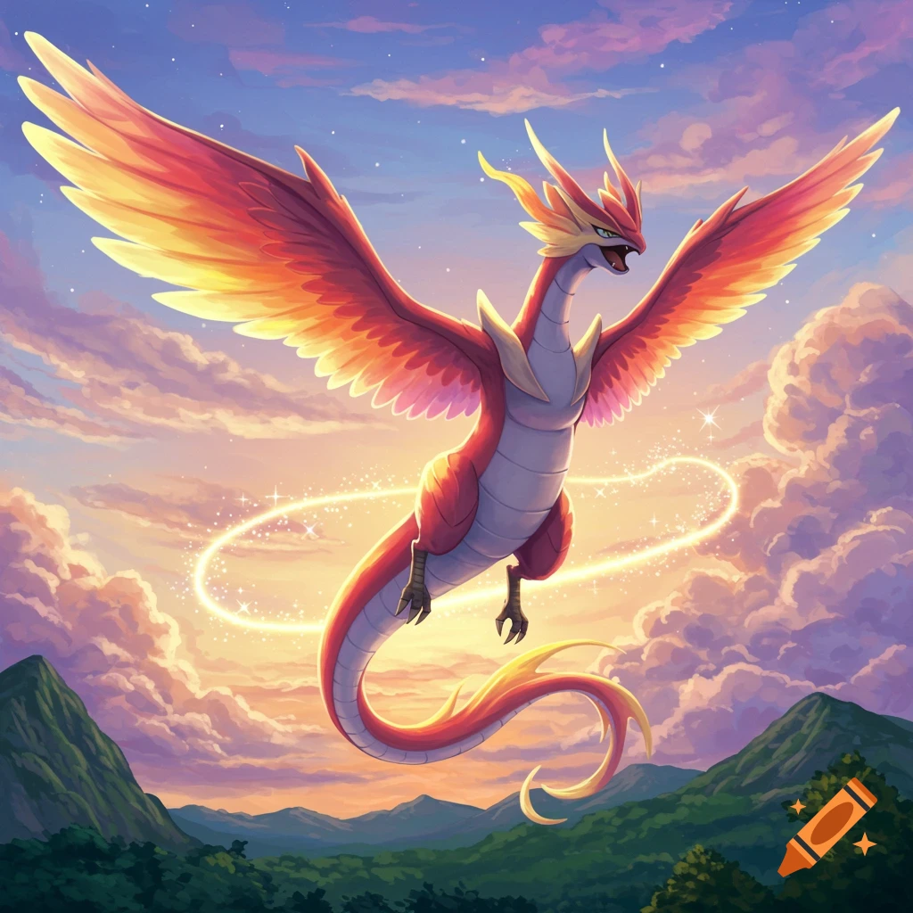 A vibrant red and white dragon with large wings flies through a beautiful sunset sky above mountains.