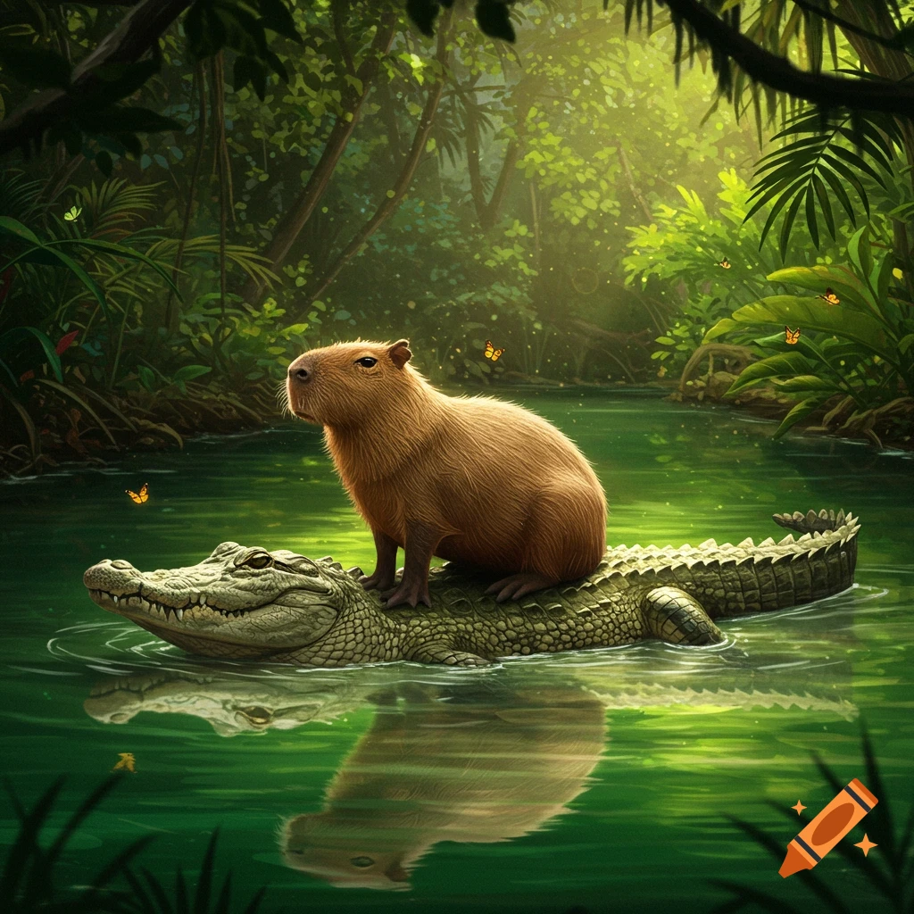 A realistic capybara sits atop an alligator in a green jungle river, surrounded by lush foliage and sunlight.