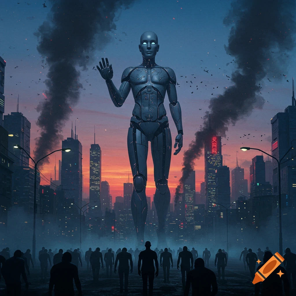 A giant robot stands in a dark, smoke-filled dystopian city at dusk, with many small figures of people walking in the foreground.