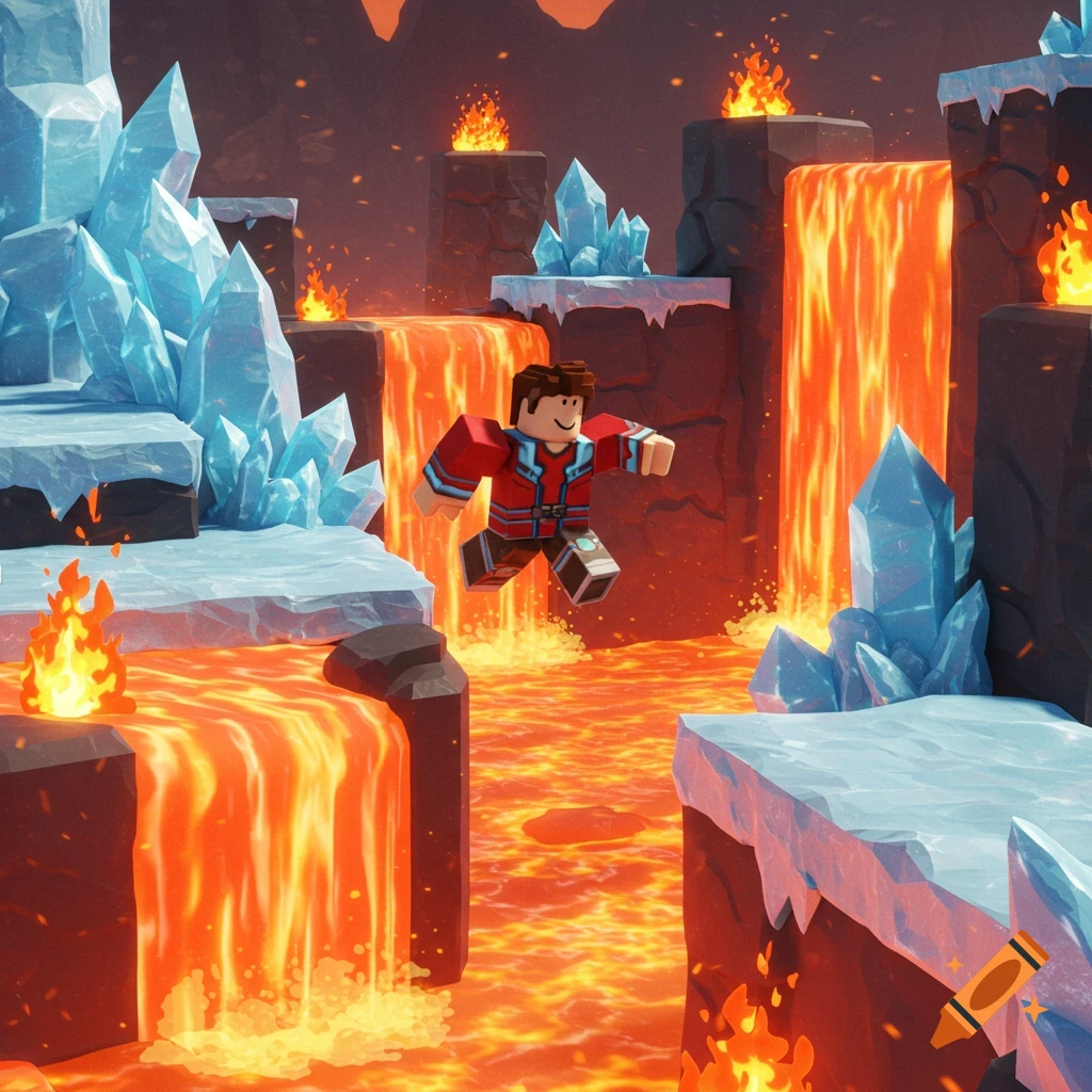 A Roblox-style character jumps over a lava river in an icy, fiery obstacle course environment.
