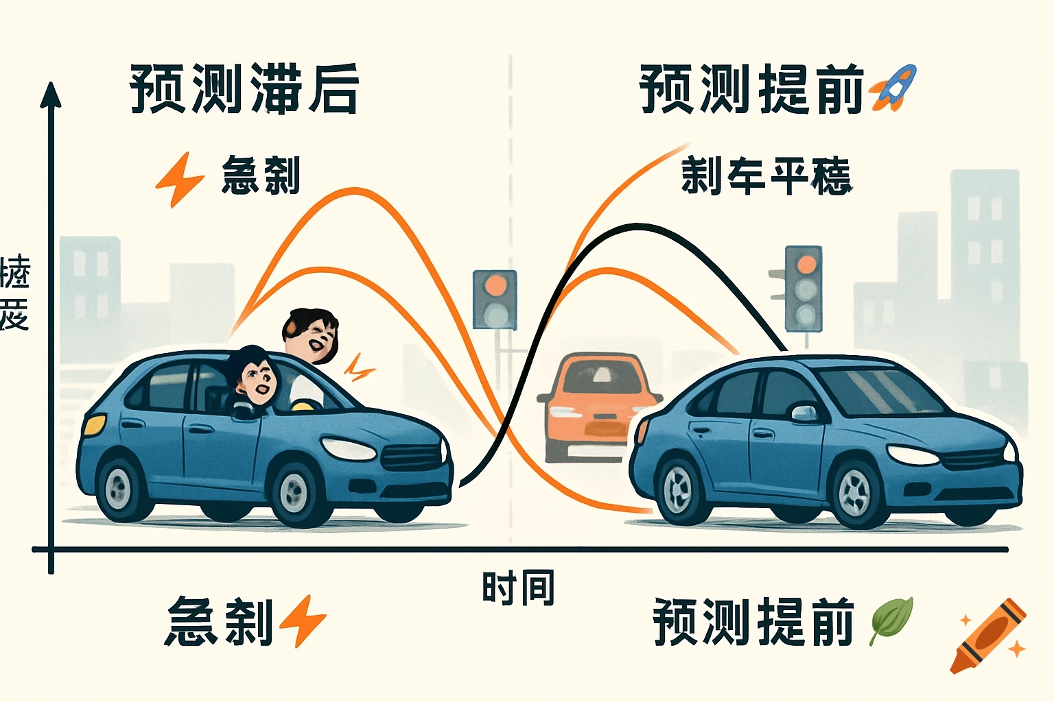 A diagram comparing two driving scenarios: "prediction lag" showing a car with distressed passengers, hard braking, and a delayed graph line; and "prediction ahead" showing smooth braking and a synchronized graph line, with icons for emergency brake, smooth brake, time, and intensity.