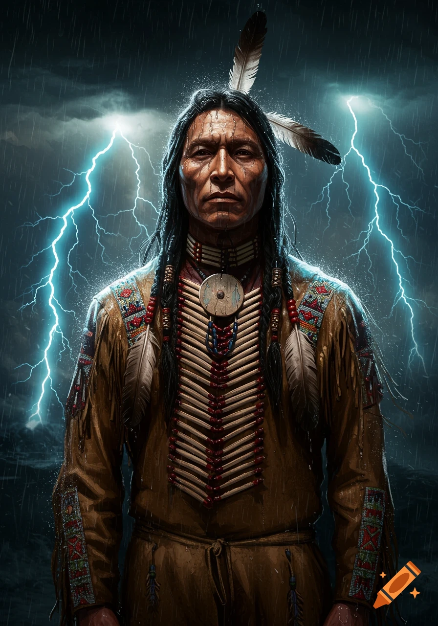 Photorealistic portrait of a Native American warrior in traditional attire, with braided hair and feathers, standing in a stormy rain with lightning.