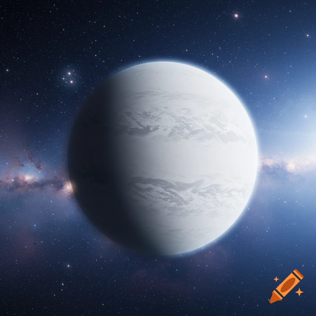 A chalk white planet with faint grey markings floats in deep space against a dark blue starfield and distant nebula.