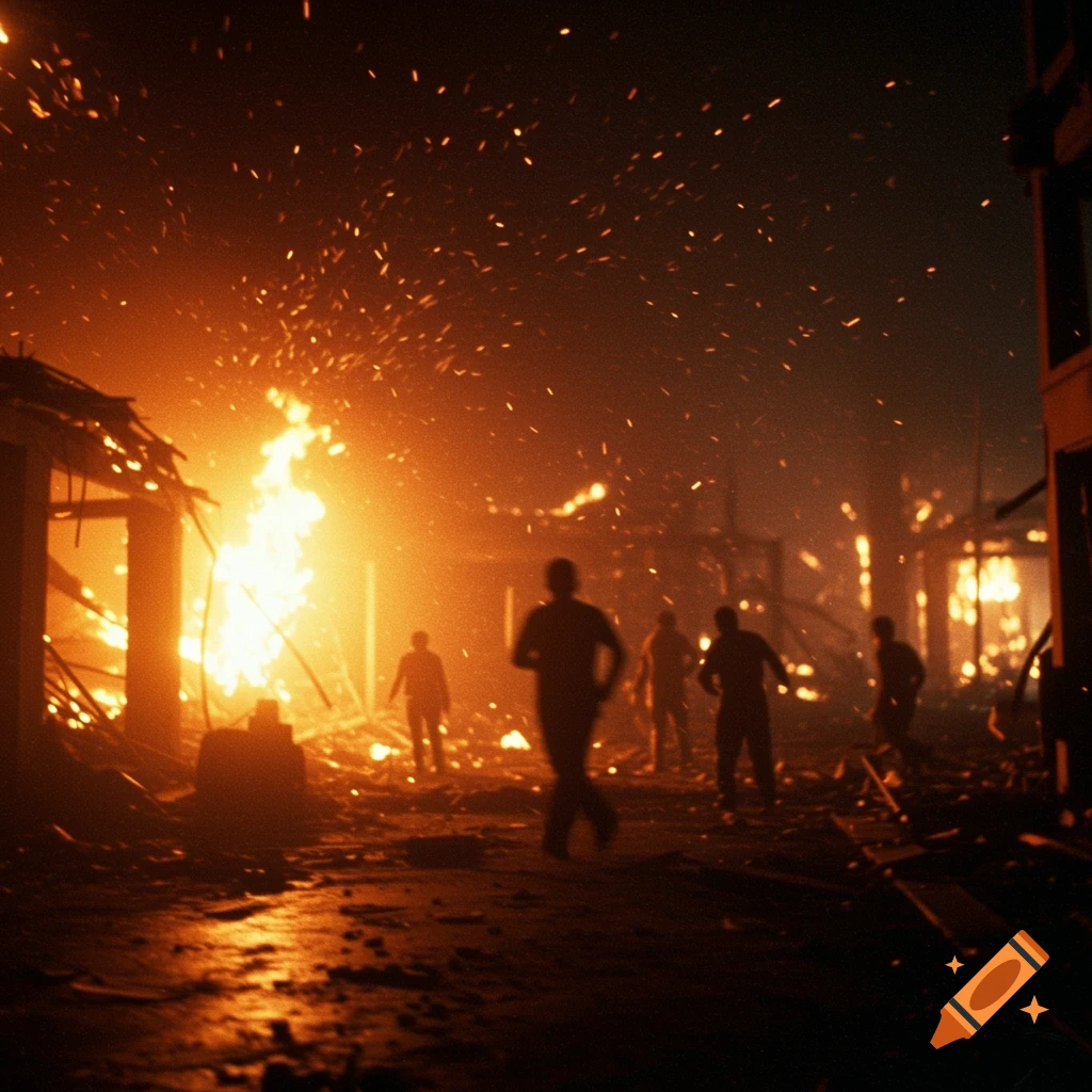 Silhouettes of people move through a fiery, destroyed urban landscape at night with sparks flying.