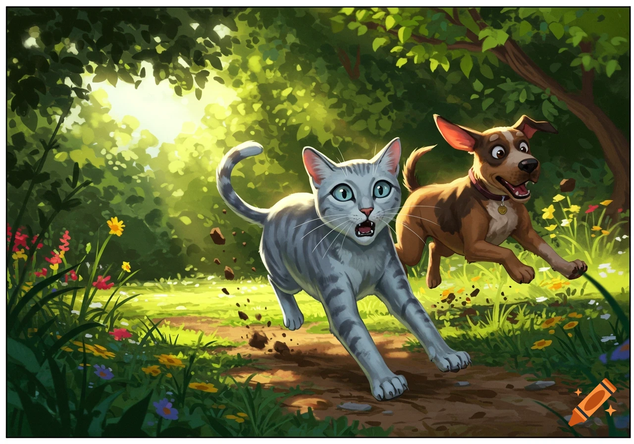A grey striped cat and a brown dog run excitedly on a sunny forest path, kicking up dirt, in an animated style.