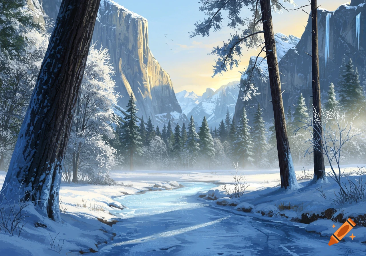 Winter landscape of Yosemite Valley with a partially frozen river, snow-covered pine trees, and towering mountains.