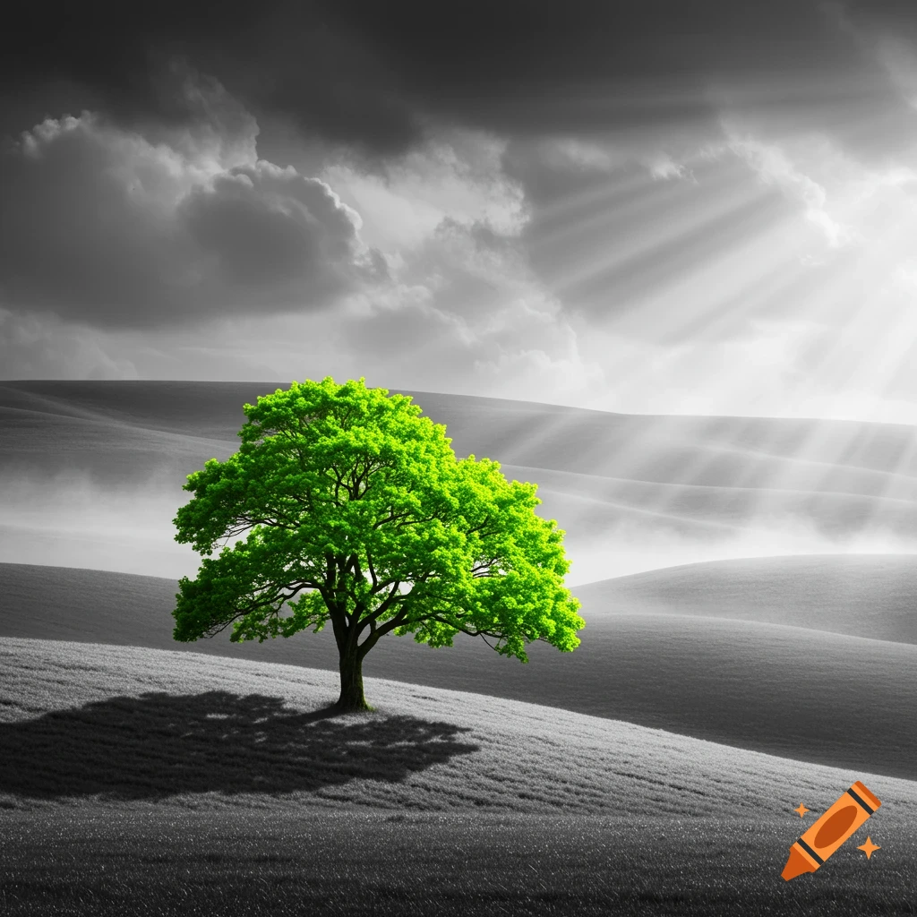 A vibrant green tree stands on a black and white rolling hillside under a dramatic, cloudy sky with sun rays.