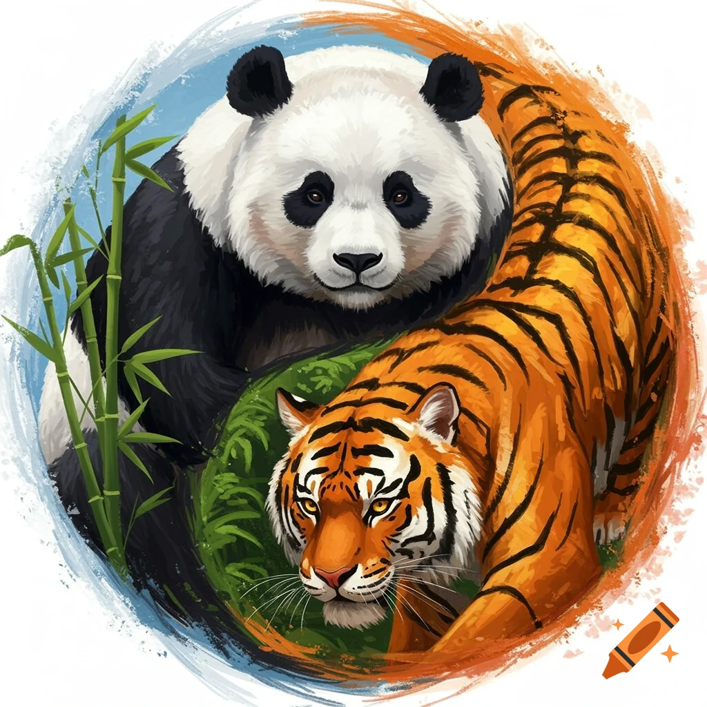 An illustration of a panda and a tiger forming a yin-yang symbol, surrounded by bamboo.