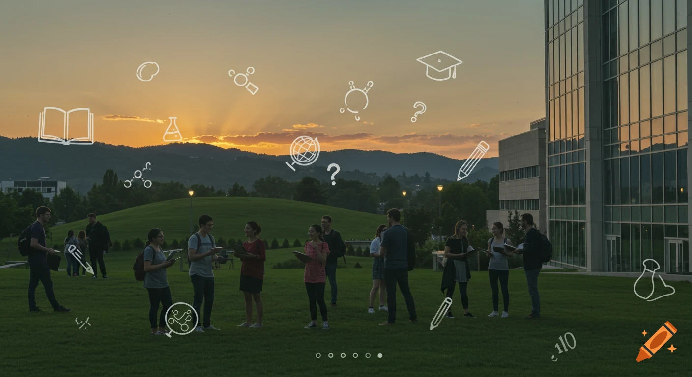 Students gather on a university campus lawn at sunset, with abstract educational and scientific icons overlaid in white outlines.