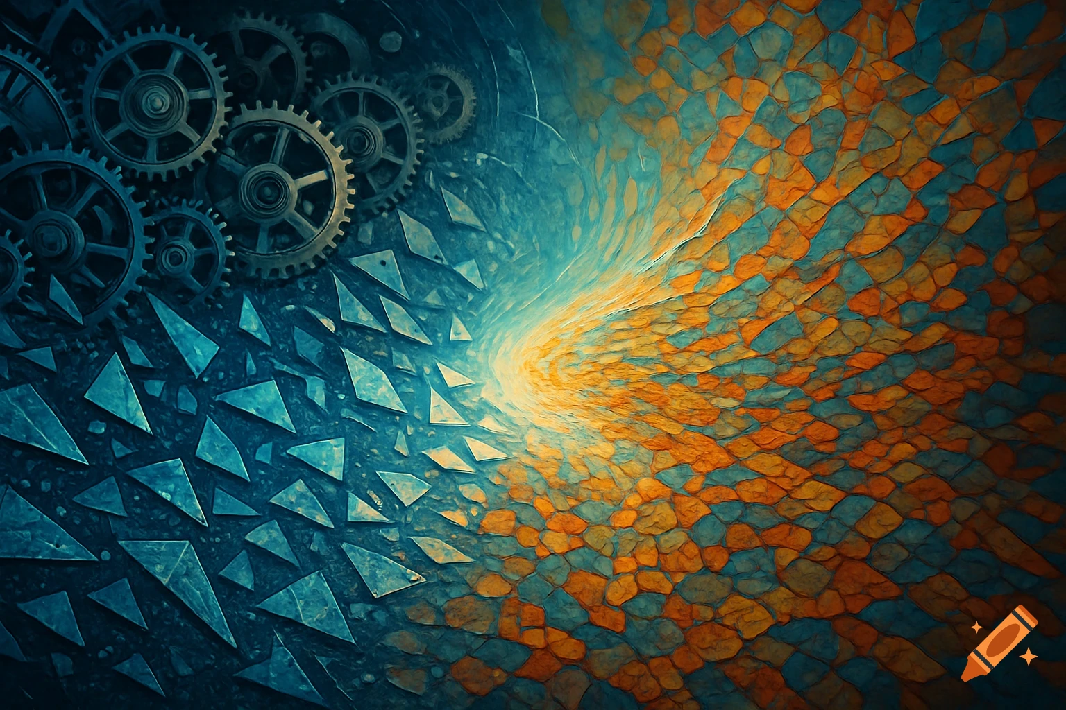 Abstract art with metallic gears on left, merging into a swirling, textured pattern of orange and blue shapes on the right.