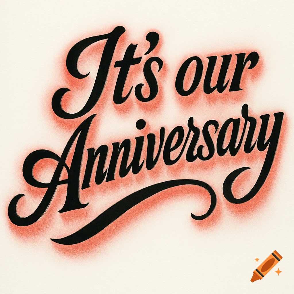 Black script text 'It's our Anniversary' with a red airbrushed glow on a light background, in a high-contrast illustration style.