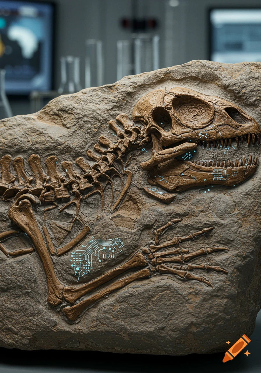 Photorealistic close-up of a dinosaur fossil embedded in rock, with glowing blue circuit board patterns across its bones, in a blurry lab setting.