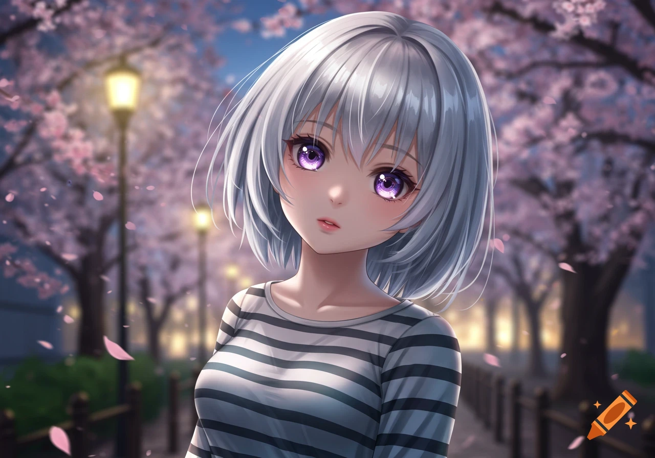 Anime girl with silver hair and purple eyes, wearing a striped shirt, standing under cherry blossom trees at dusk.
