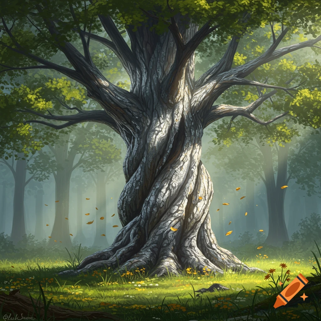 A large, ancient tree with a twisted, gnarled trunk stands in a sunlit forest clearing, surrounded by green grass and wildflowers.