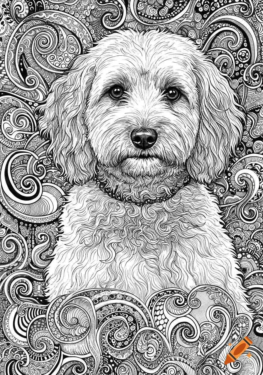 A black and white line art illustration of a wavy-haired dog surrounded by intricate doodle patterns.