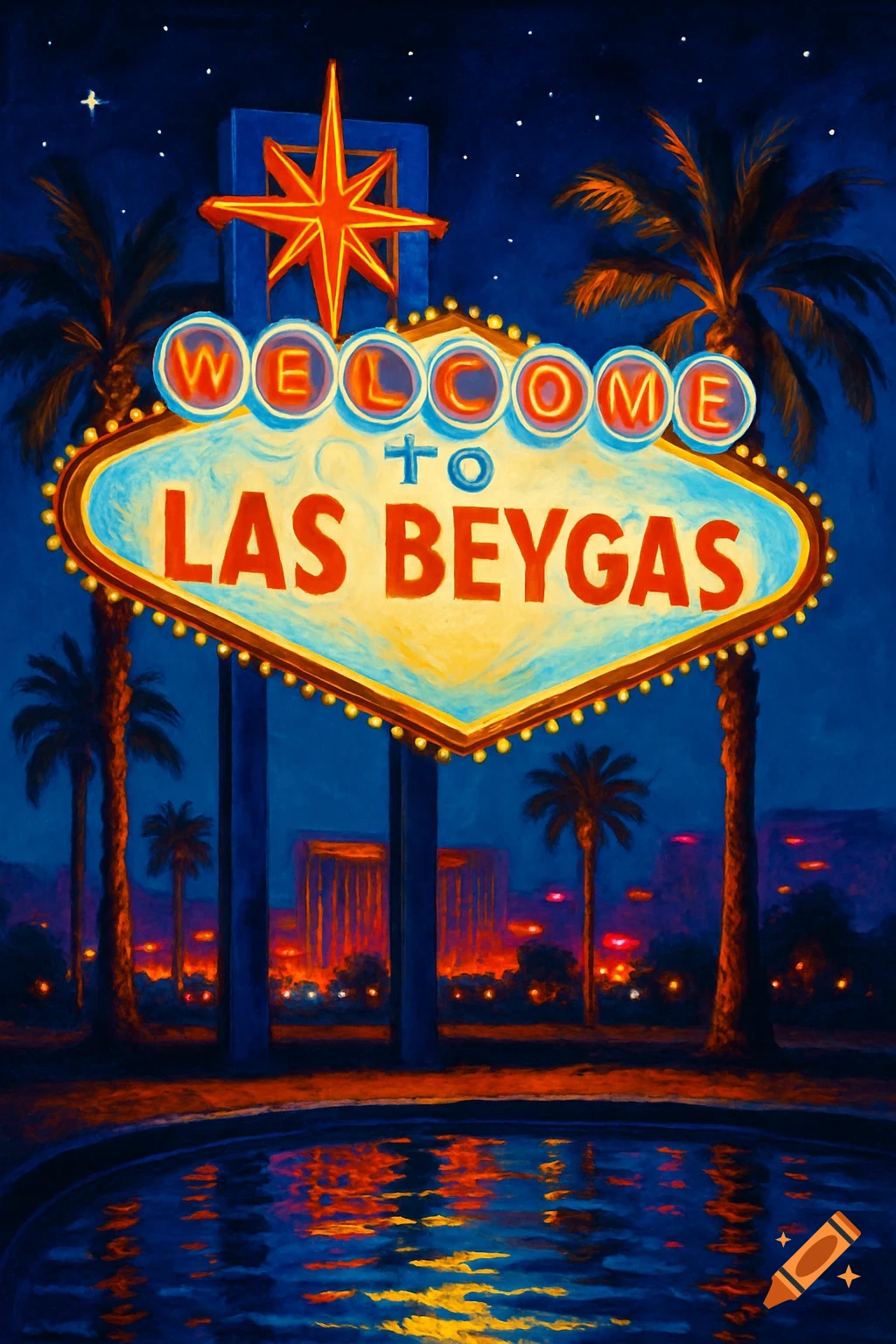 A painterly depiction of the iconic 'Welcome to Las Vegas' sign, modified to say 'Welcome to Las Beygas', lit up at night with palm trees and city lights reflected in a pool below.