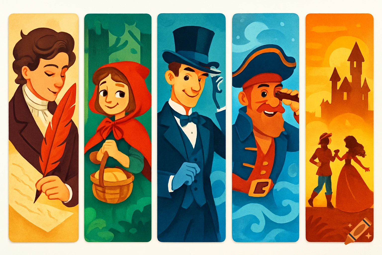Five vertical illustrated bookmarks in vivid colors depicting characters from classic literature including a writer, Little Red Riding Hood, and a pirate.