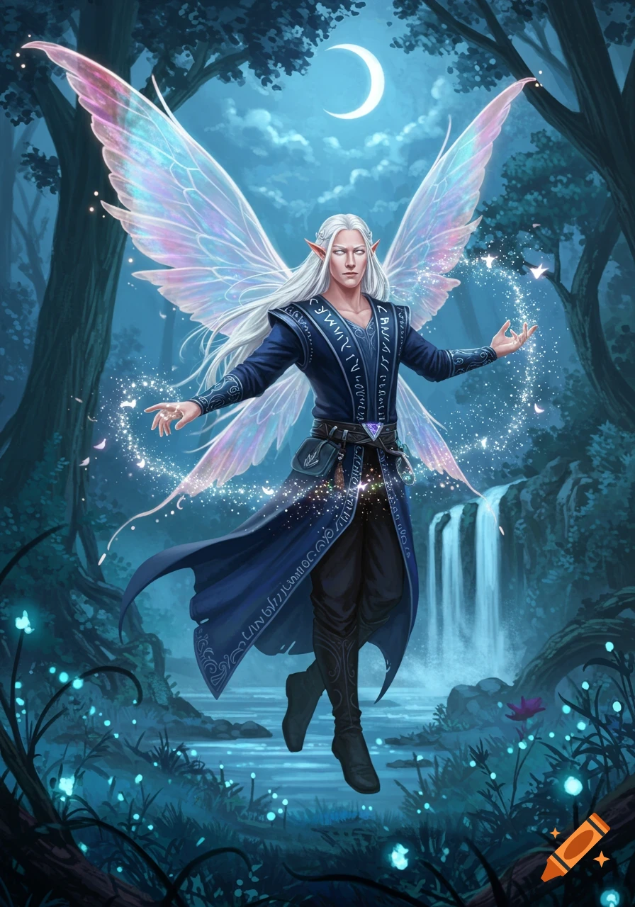 A male fairy sorcerer with white hair and iridescent wings floats in a magical forest, casting spells under a crescent moon.
