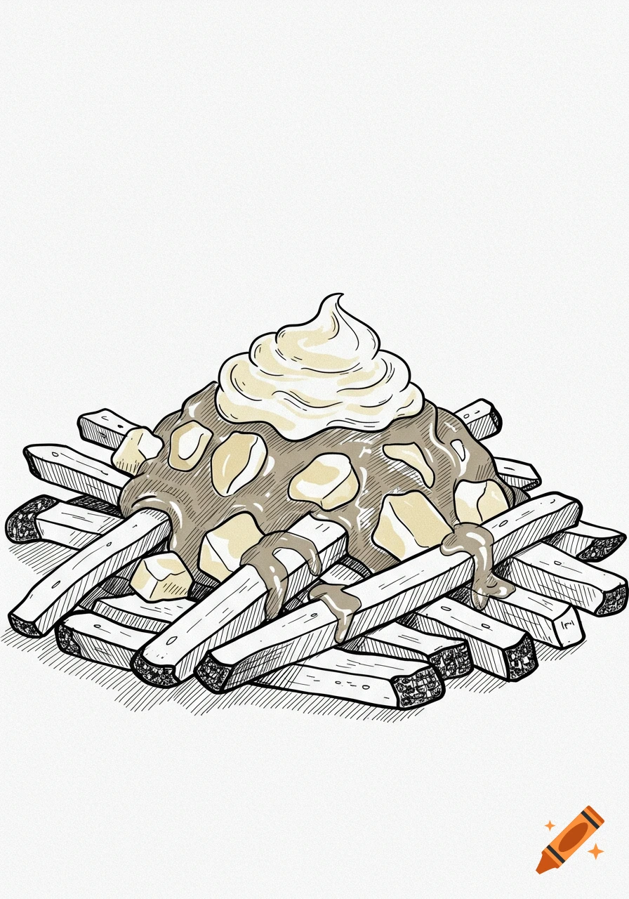 Line drawing of a pile of poutine with fries, gravy, and cheese curds, topped with a dollop of sauce.
