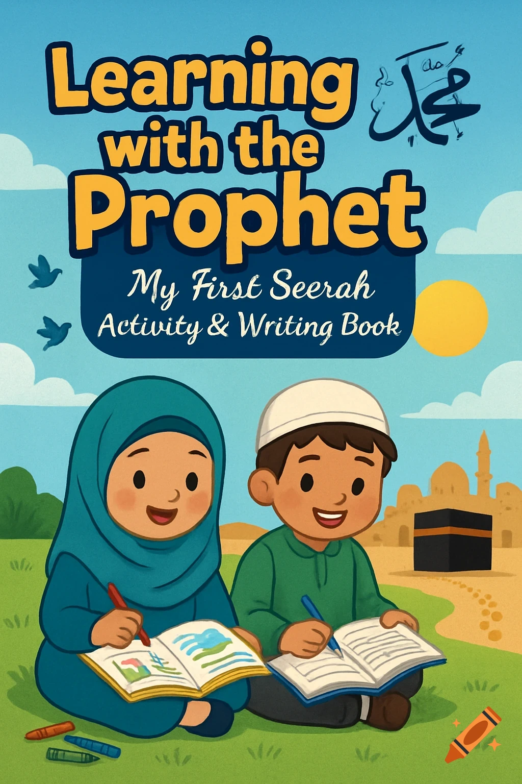 A cartoon image of a boy and girl sitting on grass, writing in books. The book cover reads 'Learning with the Prophet'. The Kaaba is in the background.