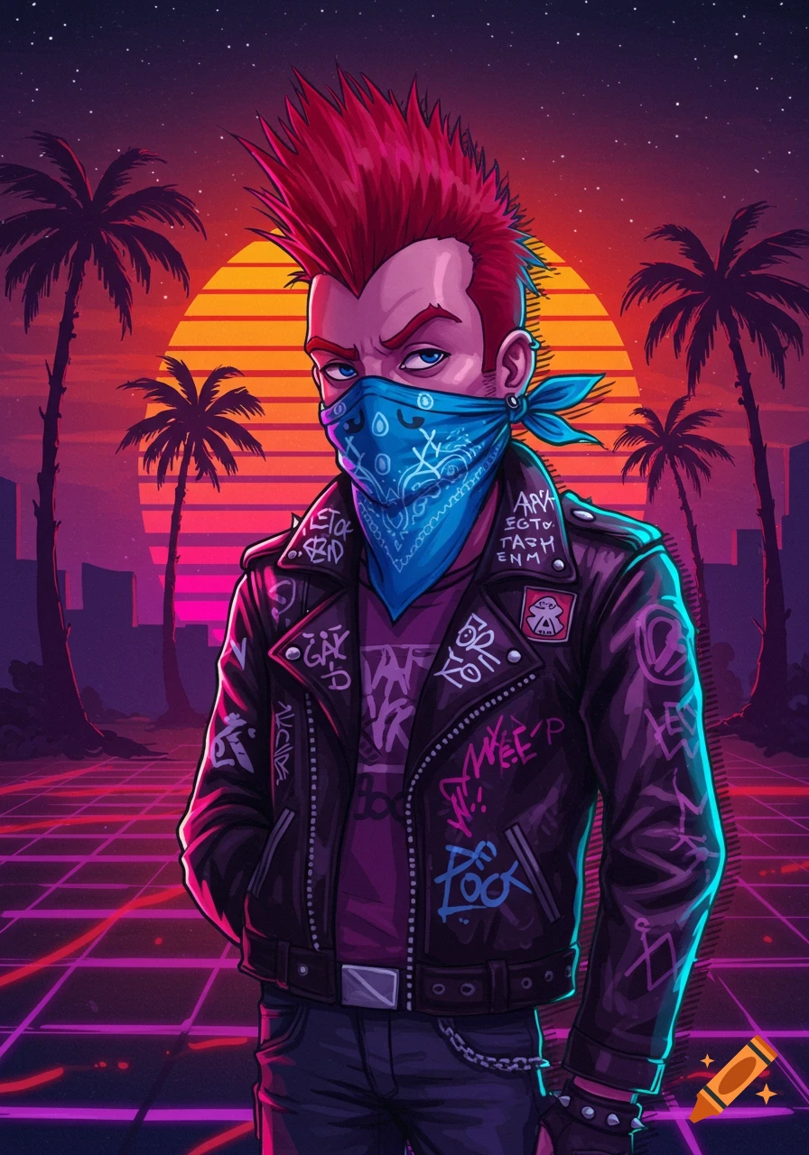 A punk character with red spiky hair and a blue bandana, wearing a graffiti-covered leather jacket, stands in a synthwave sunset city with palm trees.