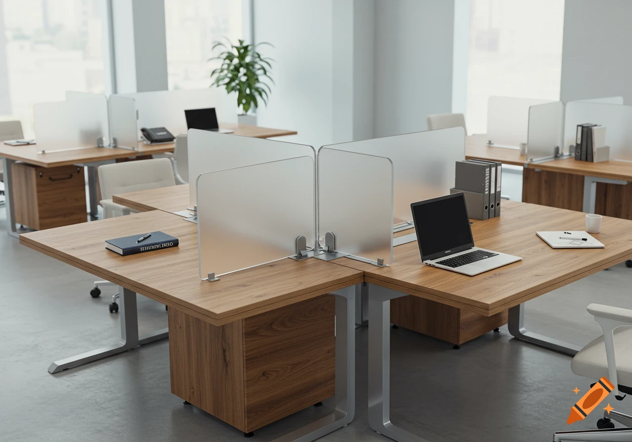 Photorealistic image of a modern open-plan office with light wooden desks, frosted glass dividers, laptops, and office supplies.