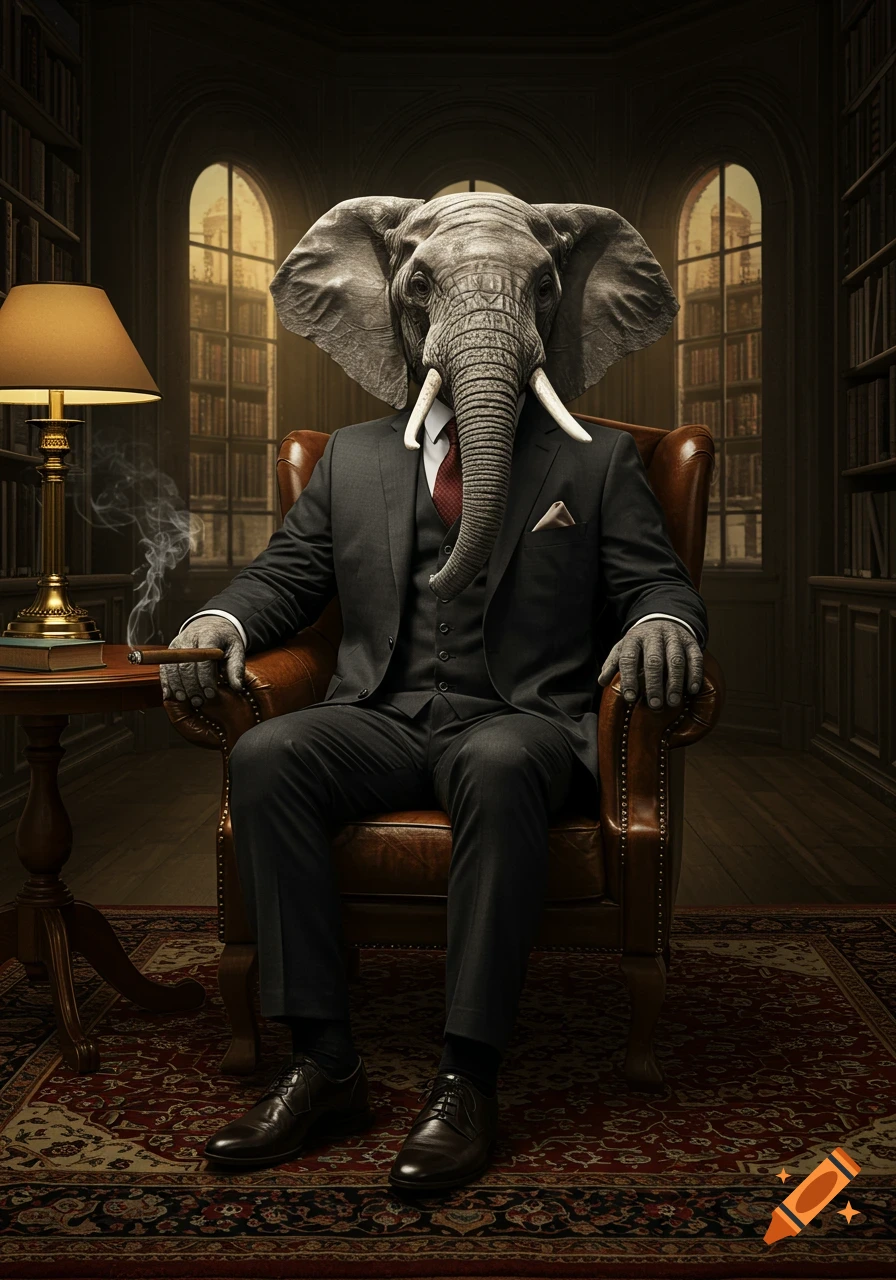 A photorealistic image of an elephant in a dark suit, sitting in a leather chair and smoking a cigar in a dimly lit library.