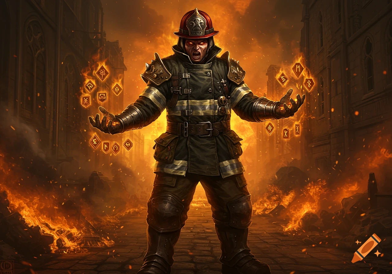 An angry firefighter in armor stands amidst a burning ruined city, holding out hands surrounded by glowing magical runes, in a dark fantasy art style.