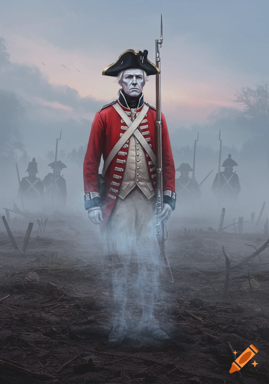 A ghostly British redcoat soldier stands in a misty, desolate field with other faint figures in the background.