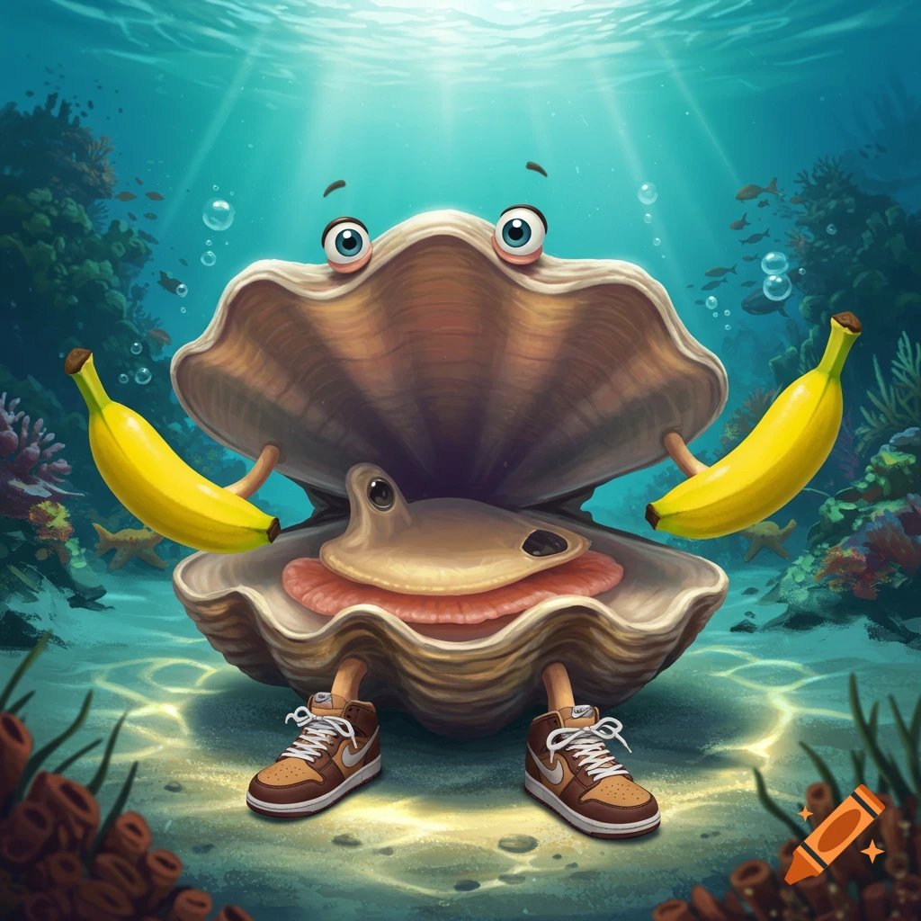 A cartoon clam with large eyes, banana arms, and brown sneakers stands on the ocean floor surrounded by coral and fish.