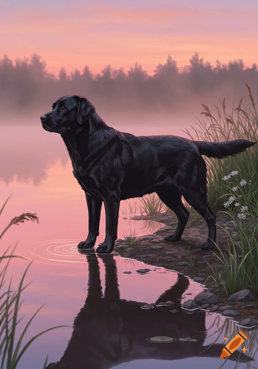 A black Labrador stands by a misty lake at sunrise with a pink sky and forest in the background, illustrated.