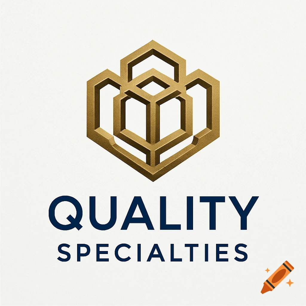 A gold geometric logo with layered hexagons above the dark blue text 'Quality Specialties' on a white background.
