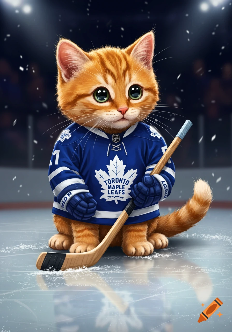 Cute orange tabby kitten in a blue Toronto Maple Leafs hockey jersey holding a stick on an ice rink, illustration.