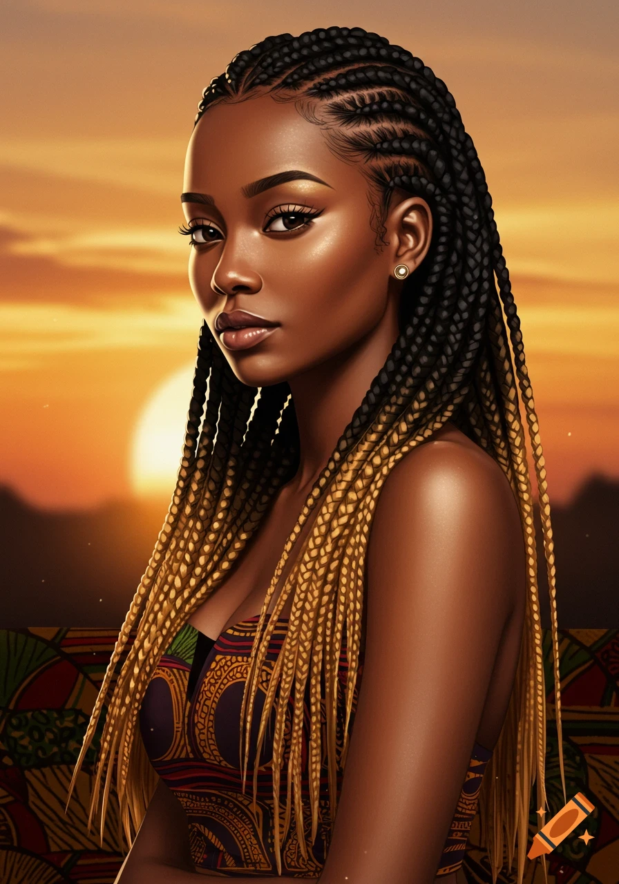 Digital painting of a Black woman with black and blonde cornrows against a sunset background.