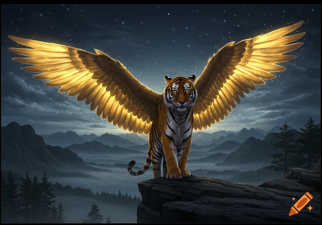 A majestic winged tiger stands on a mountain peak at night under a starry sky, with glowing golden wings.