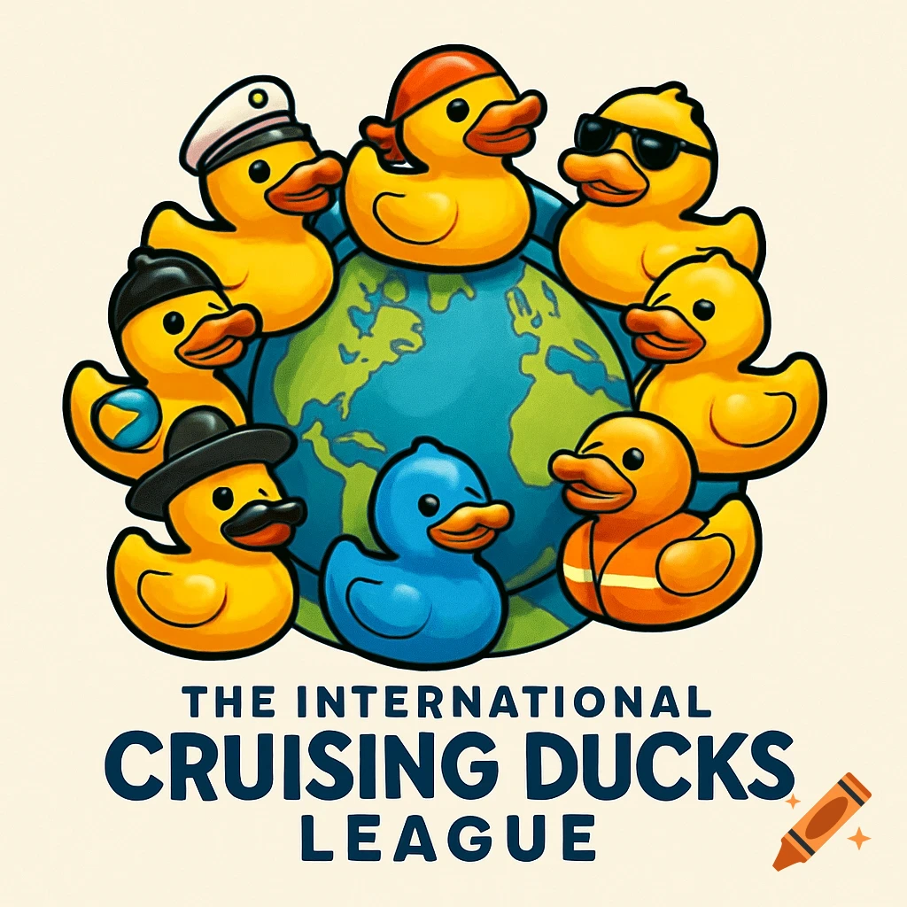 Cartoon logo with rubber ducks in different costumes surrounding a globe, text 'The International Cruising Ducks League'.