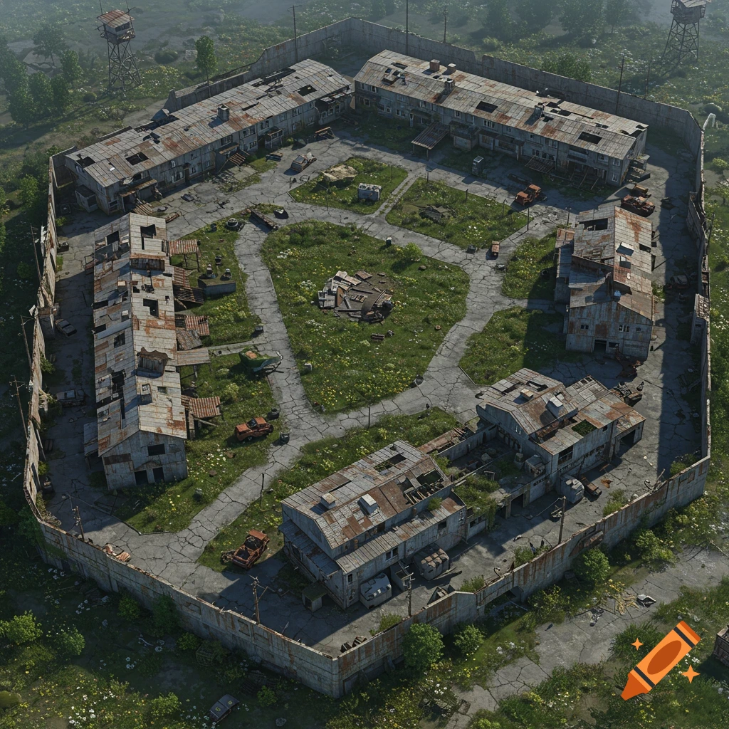 Top-down view of a large, abandoned military facility with dilapidated buildings and overgrown grass, enclosed by a concrete wall.